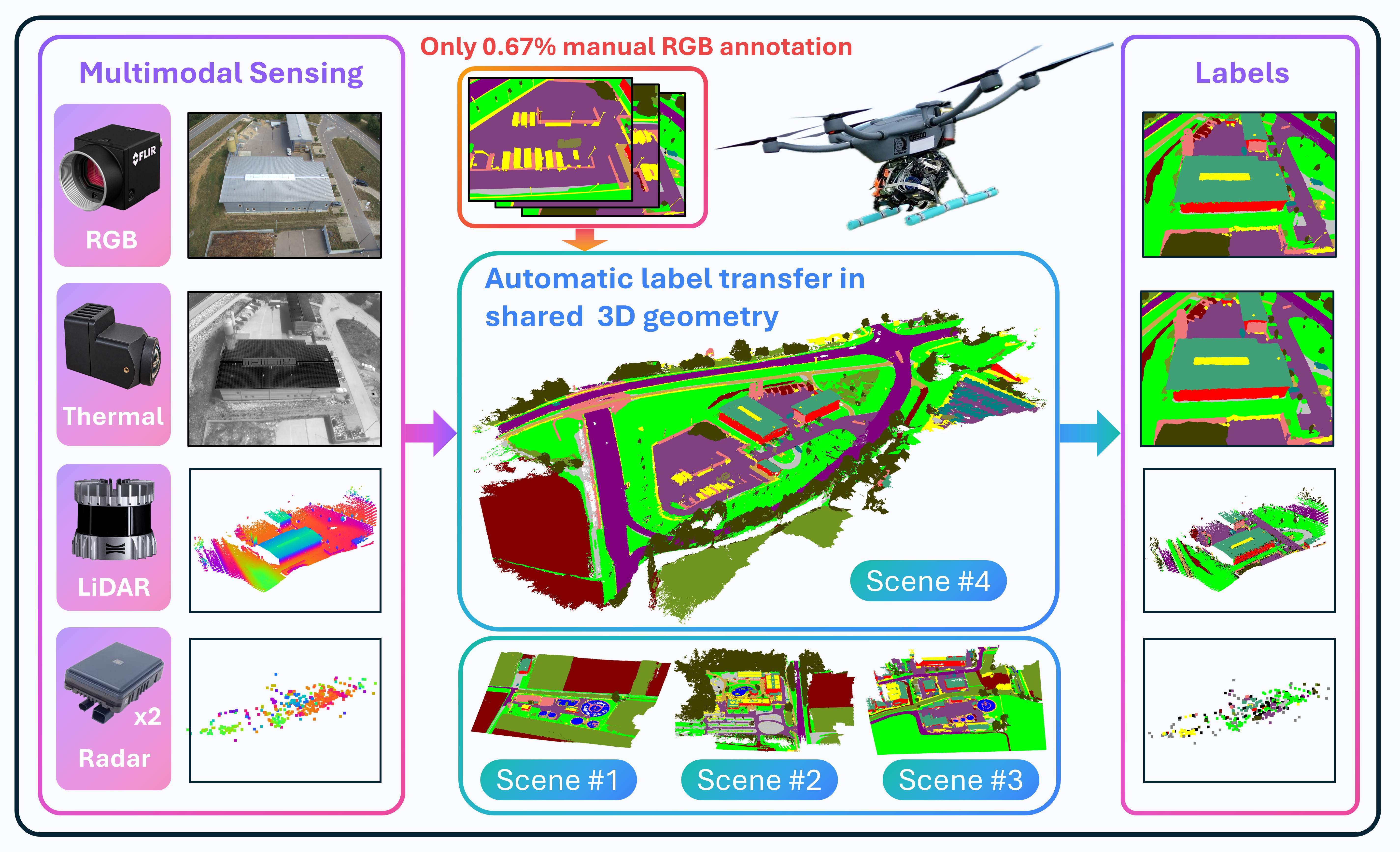 MultiFly overview: multimodal sensing, label transfer in shared 3D geometry, and resulting labels